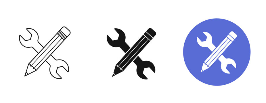 Pencil and wrench icons in outline, solid, and circle background styles