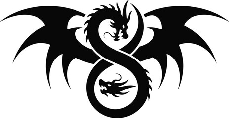 Obraz premium Intricate Black Silhouette of Two Dragons Intertwined in an Infinity Symbol, Evoking Myth and Ancient Power, Dragon Head