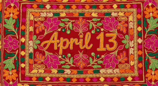Punjabi Phulkari embroidery design with April 13 date isolated on transparent background