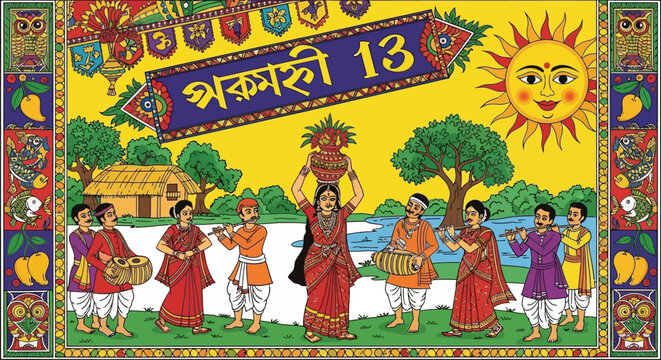 Traditional Bengali Patachitra artwork of people celebrating festival isolated on transparent background