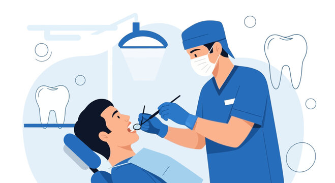 Dentist examining patient's teeth with dental tools in modern clinic, healthcare concept