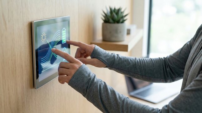 Homeowner using smart home control panel for energy management, monitoring solar power and battery storage on touch screen, domestic automation for sustainable lifestyle and eco