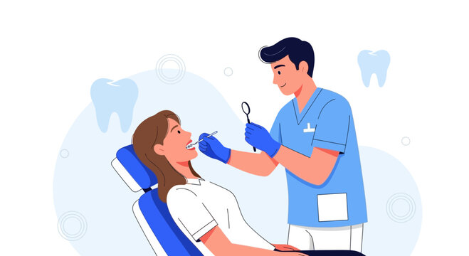 Dentist examining patient's teeth with mirror and probe in a modern dental clinic