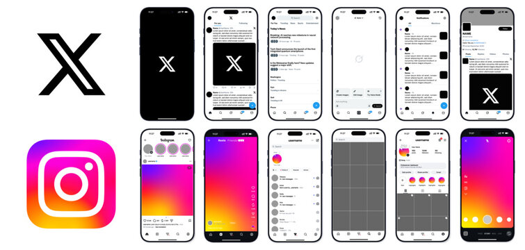 Social media application interface templates for Instagram and X Twitter on smartphone screens.