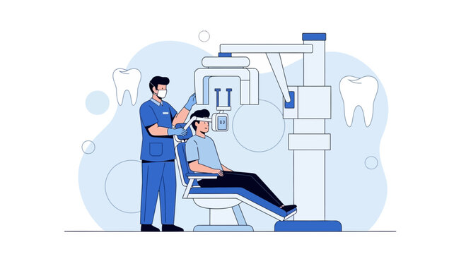 Dentist using X-ray machine on patient, dental care and technology concept