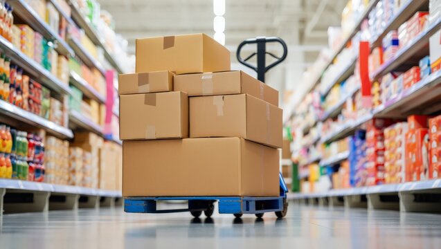 A stack of cardboard boxes on a blue pallet in a grocery store aisle.