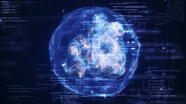 Artificial intelligence concept showing a neural data core with flowing digital particles and code, representing machine learning, data processing, and AI computation in advanced software, cybersecuri