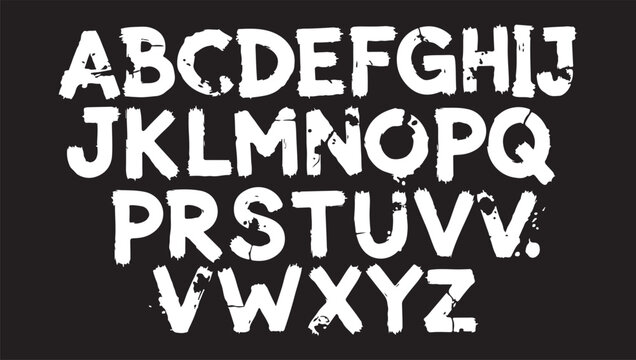 Grunge alphabet with capital letters. Dirty textured vector font. Typographic distressed font with dry brush strokes. Hand drawn characters with a rough inked texture.