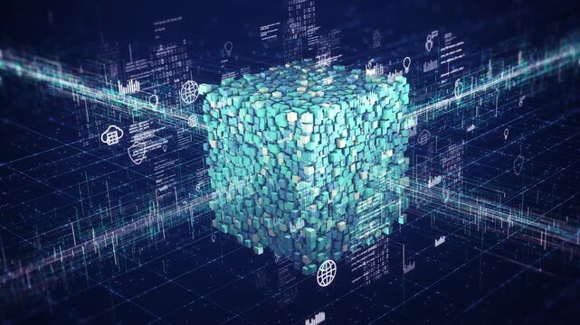 Artificial intelligence concept showing a digital data cube with neural network connections, representing AI processing, big data analytics, and smart computing systems for automation, cybersecurity, 