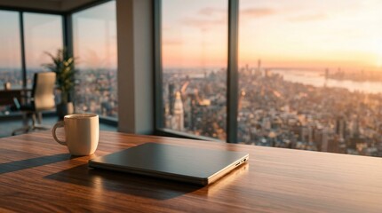 Fototapeta premium Closed Laptop and Coffee Mug on Wood Desk Overlooking Urban Skyline at Sunset — Remote Work Concept, Laptop und Kaffee mit Stadtsilhouette bei Sonnenuntergang
