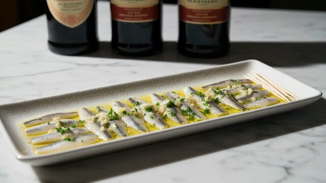 Traditional Spanish Boquerones en vinagre, fresh marinated anchovies with garlic and parsley, served on a plate. Authentic Mediterranean tapas appetizer.