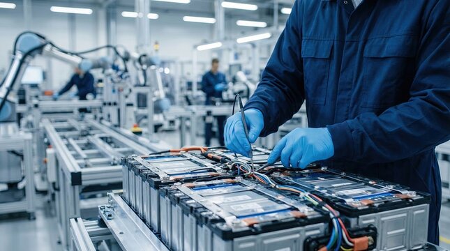 Technician in blue gloves inspecting an electric vehicle battery pack on an automated assembly line, EV power cell production and quality control in a modern industrial facility