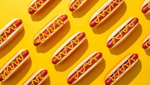 Colorful hot dogs with mustard arranged on a bright yellow background create a fun and vibrant food pattern perfect for summer gatherings or picnics meal