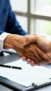 Vertical video: Opening folio suit flipping contract at desk pointing pen sealing deal, copy space