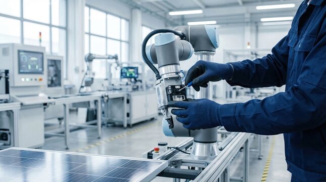 Professional worker using a tool to adjust a collaborative robot arm on a solar panel production line, human-robot interaction in smart factory, industrial technician at workspace
