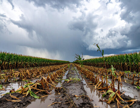 Rows of corn stalks in a muddy field with puddles under a stormy sky with heavy rain falling  corn field