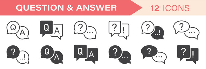 Question and answer icon set. Chat  speak bubble  Q and A  ask  support  dialog  help center symbol on white background - stock vector.