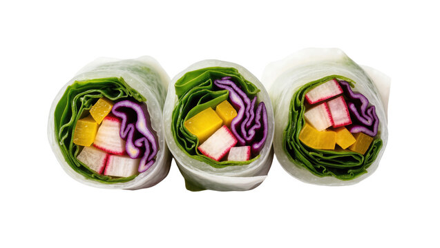 Three delicious fresh spring rolls with vibrant vegetables and crab meat in rice paper
