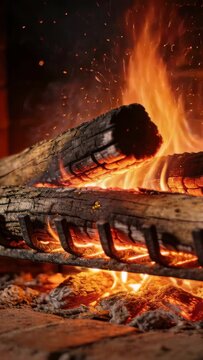 Vertical video: Rising sparks from hot embers igniting charred logs on grate in fireplace, ash