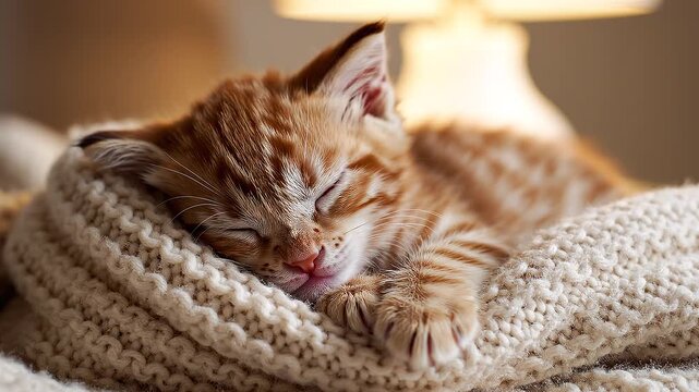 realistic image of a small kitten sleeping on a soft blanket, warm indoor lighting, cozy atmosphere, detailed fur texture, peaceful expression, minimal background, high resolution, lifestyle stock pho
