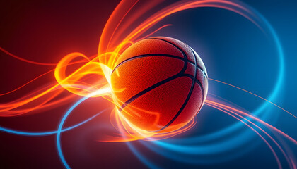 Obraz premium Dynamic basketball illuminated by fiery and icy swirling energy trails, showcasing intense movement and speed