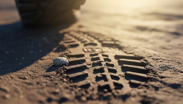 Worn hiking boot tread print in damp forest earth with diffused early morning light and macro detail