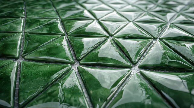 Green glass triangle tile grid, close view