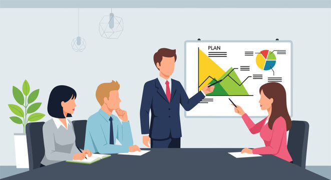 Business team discussing marketing strategy in modern office with whiteboard and colorful graphs in bright corporate lighting for presentation