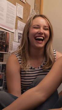 Vertical video: Laughing woman in striped top reacting to friend chat in dorm room, with corkboard