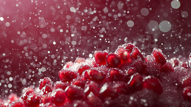 A vibrant pile of red berries covered in sugar and sparkling water droplets