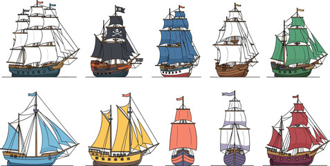 Colorful Antique Sailing Ship Vector Collection Featuring Pirate Galleons, Tall Ships, and Vintage Vessels for Maritime History, Ocean Discovery, and Naval Adventure © Fahim