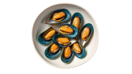 Fresh steamed mussels in their shells with orange meat, presented in a round ceramic bowl. © Paula