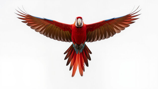 Vibrant Scarlet Macaw Flying with Wings Extended on White Background
