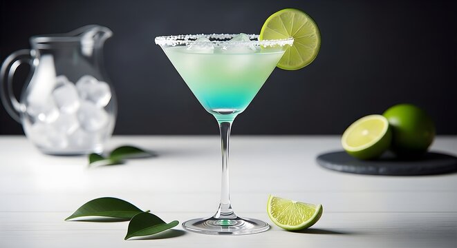 A vibrant pale green cocktail, likely a margarita, garnished with lime and a salt rim