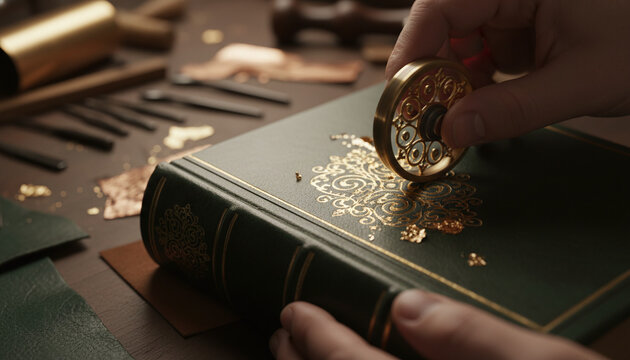 Traditional bookbinding gold leaf tooling on dark green leather spine