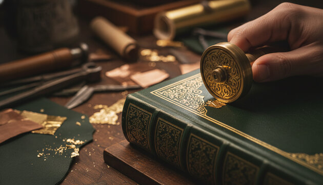 Traditional bookbinding gold leaf tooling on dark green leather spine