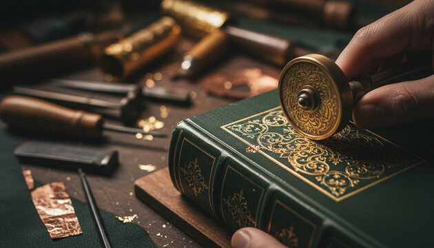 Traditional bookbinding gold leaf tooling on dark green leather spine