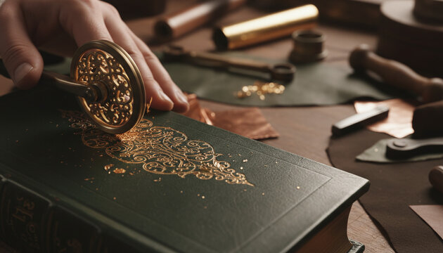 Traditional bookbinding gold leaf tooling on dark green leather spine