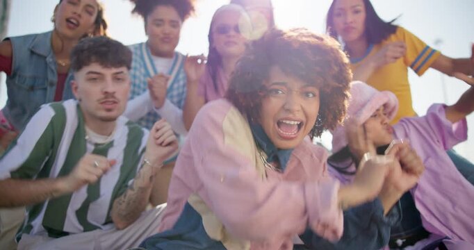 Face, fashion and people with dancing for style, outfit and expression as art student in city. Diversity, group and portrait for confidence, happiness or together with energy or fun as artist in USA