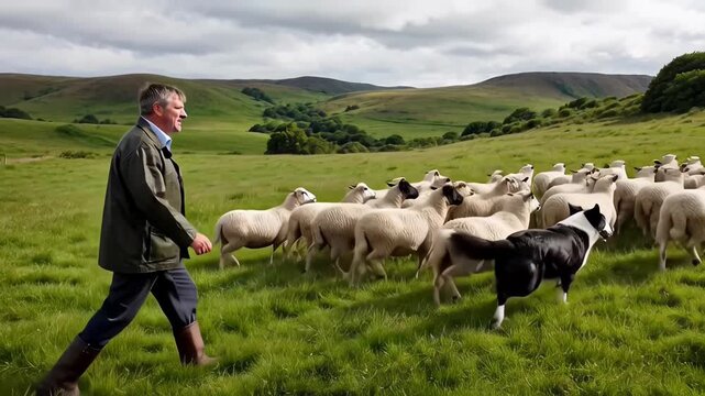 ?Shepherd guiding sheep with border collie in scenic countryside landscape