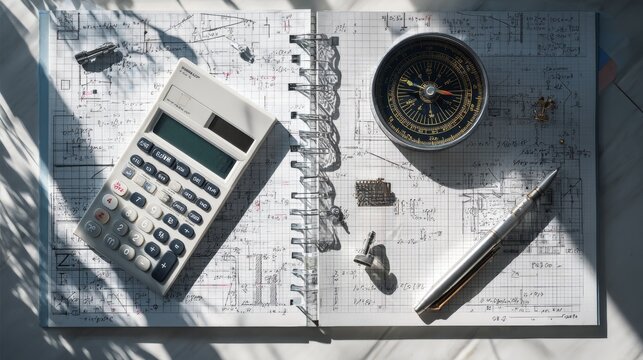 An open notebook with calculations, compass, calculator, pen, and small metallic objects are cast in sunlight