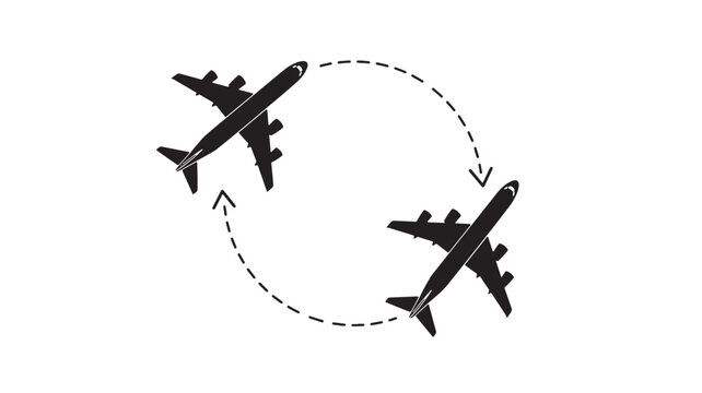 Airplanes in black silhouette flying in a circular route with dashed lines indicating movement featuring airplane, aircraft, flight with travel and