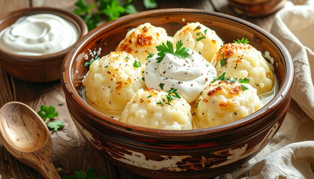 Cottage cheese dumplings with sour cream, rustic ceramic bowl