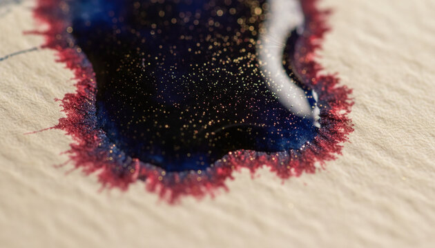 Wet fountain pen ink macro with metallic red sheen and gold glitter
