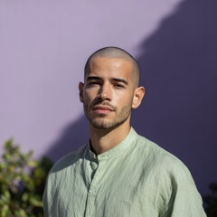 Obraz premium Male hispanic adult portrait sunlight shaved head mint shirt direct gaze against lavender wall outdoor headshot