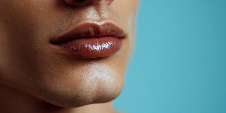 Close-up young hispanic male adult lower face with glossy lips, subtle stubble and smooth tan skin on blue background, intimate crop highlighting lip shape and skin detail