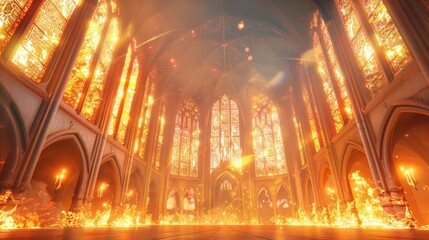 Obraz premium A church with a fire burning inside. The fire is orange and yellow. The church is empty