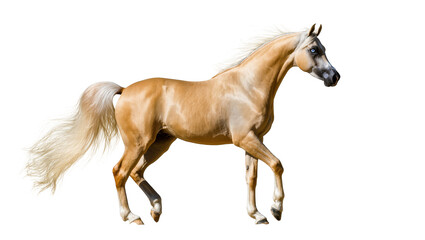 Obraz premium Golden Palomino Arabian horse gracefully trotting, beautiful white mane and tail, stunning blue eyes