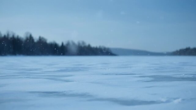 ?Serene winter landscape with snowfall over frozen lake surrounded by trees