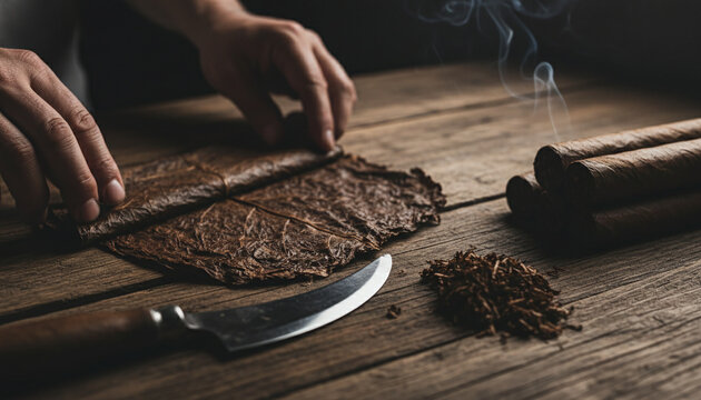 Premium cigar rolling process with dark oily maduro tobacco leaf on wooden table